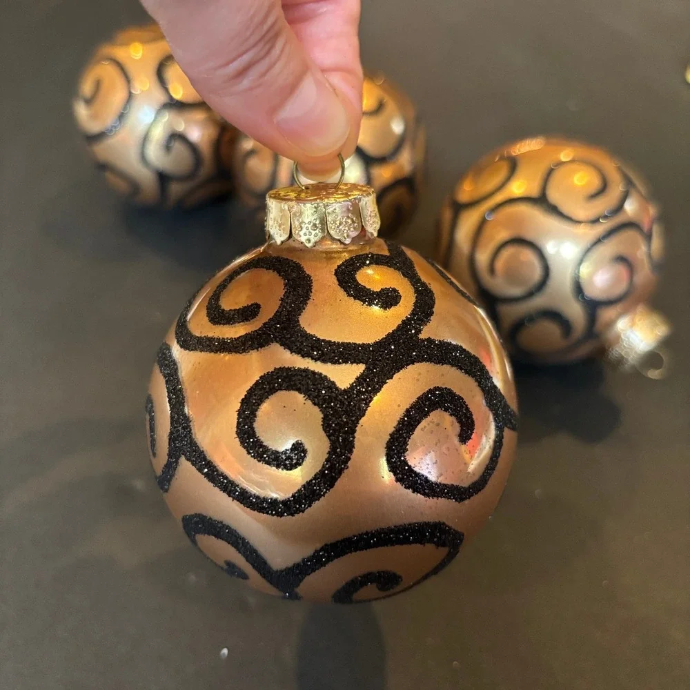 Rauch Gold Black Glitter Swirl Glass Christmas Ornaments Set of 4